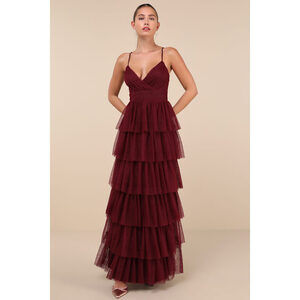 Lulus Rule The Runway Burgundy Tulle Surplice Tiered Maxi Dress - Size 1X